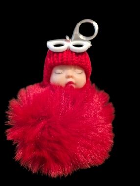 Red Faux Fur Pom Bag Charm Keychain with Sleepy Doll Accent